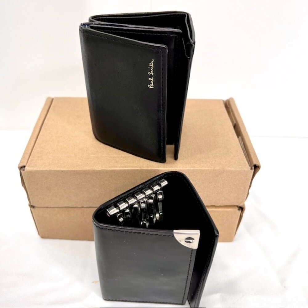 Unused  PAUL SMITH Tri-Fold Wallet Black Leather & DunHill Key Holder Black( 67)